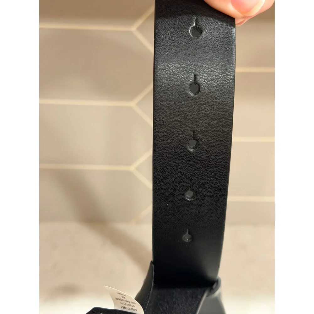 Chicos Black Faux Leather Logo Buckle Belt Large Silver Tone Tailored Minimalist
